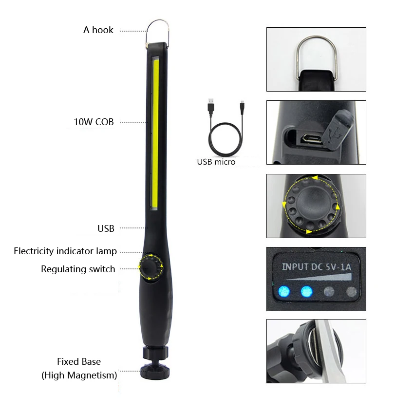 COB Автомобильная ремонтная лампа с высоким магнитным крюком регулируемый угол