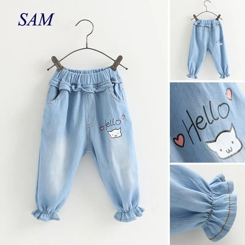 Демисезонные джинсовые брюки для девочек модные джинсы с мультяшными надписями