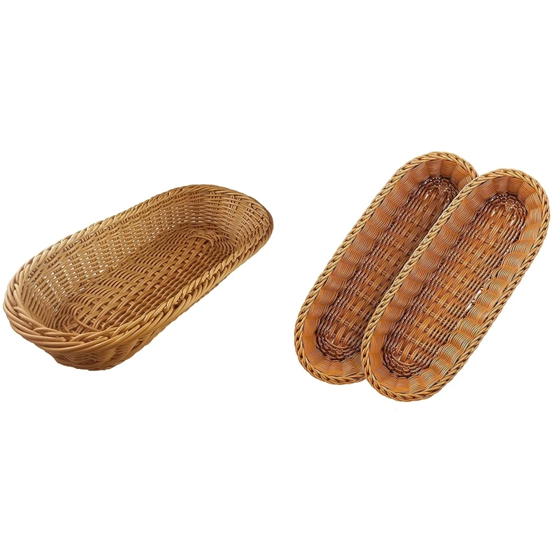 

3 Pcs Oval Wicker Woven Basket Bread Basket Serving Basket, 1 Pcs Coffee Color & 2 Pcs Brown