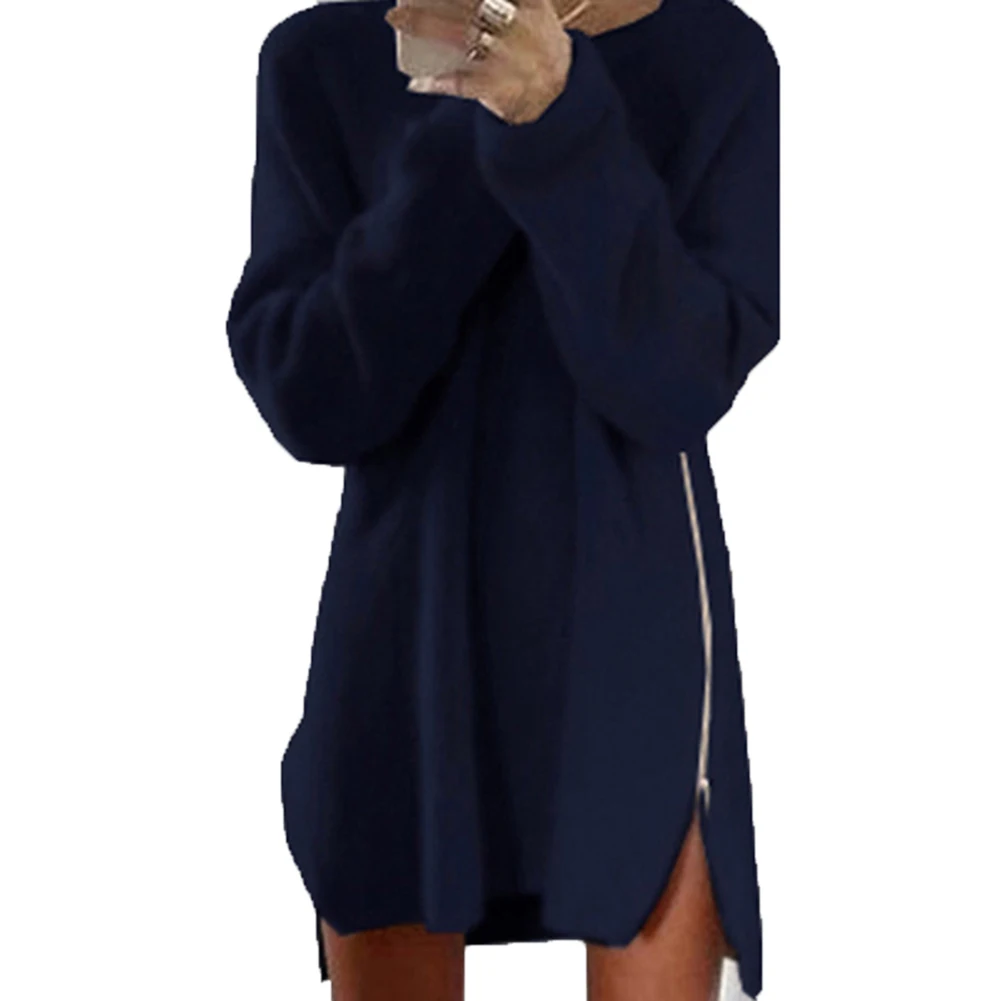 2019 Women Sexy Solid Color Long Sleeve O Neck Sideway Zip Loose Mini Sweater Dress Christmas Gift For Female Friend | Женская одежда