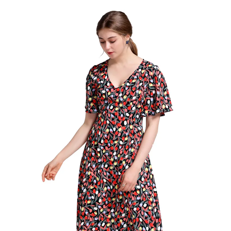 

Printed Dress Women Summer New Short-sleeved V-neck Fashion Elegant Women Dress Red Clothes