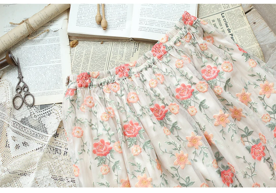

Summer Original Spring Design Women Vintage Elegant Ladies Mori Girls Luxury Flower Embroidery Mesh Sequins Long Skirt