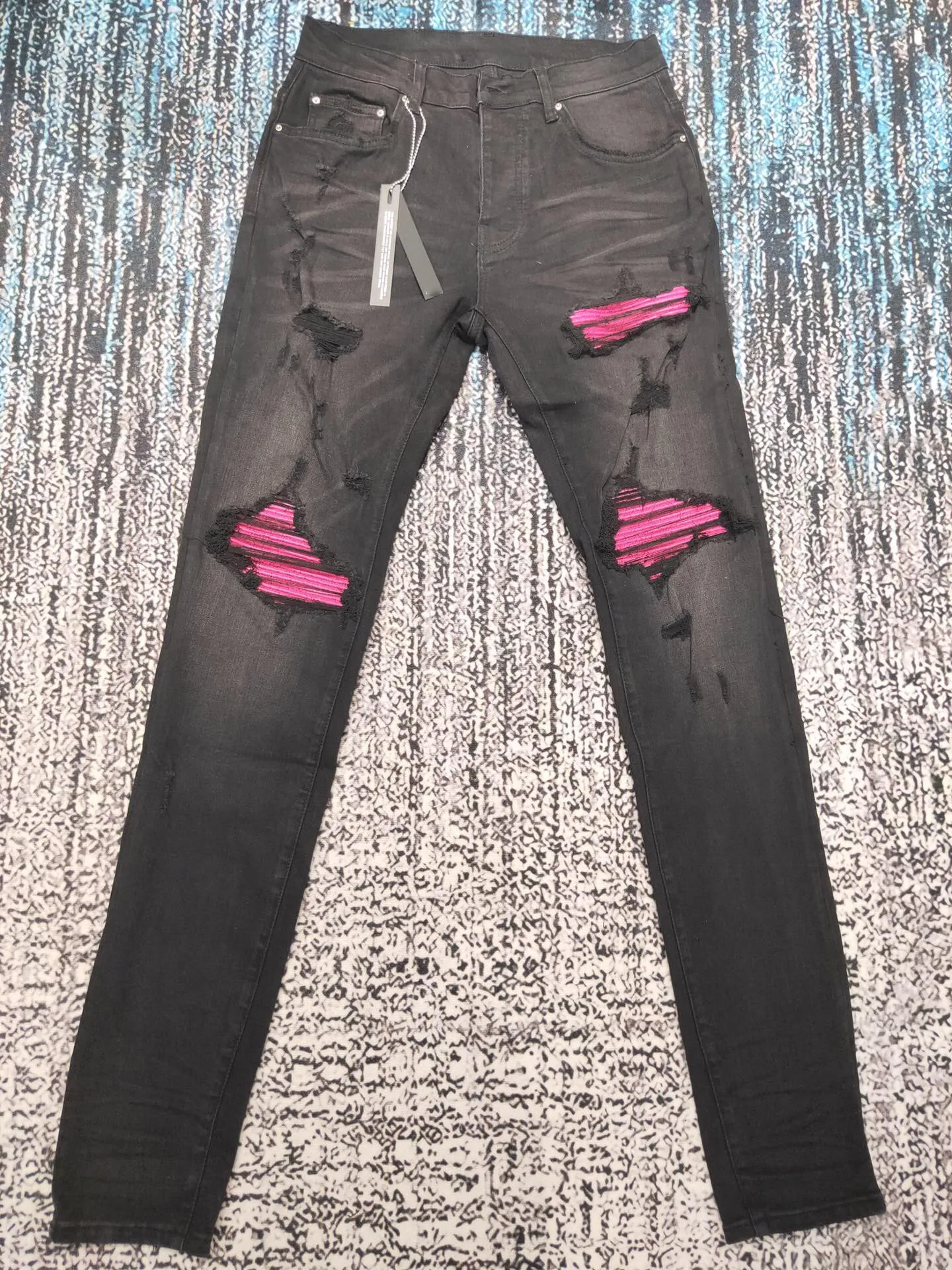 

men ribbed pink leather patch skinny distressed black jeans