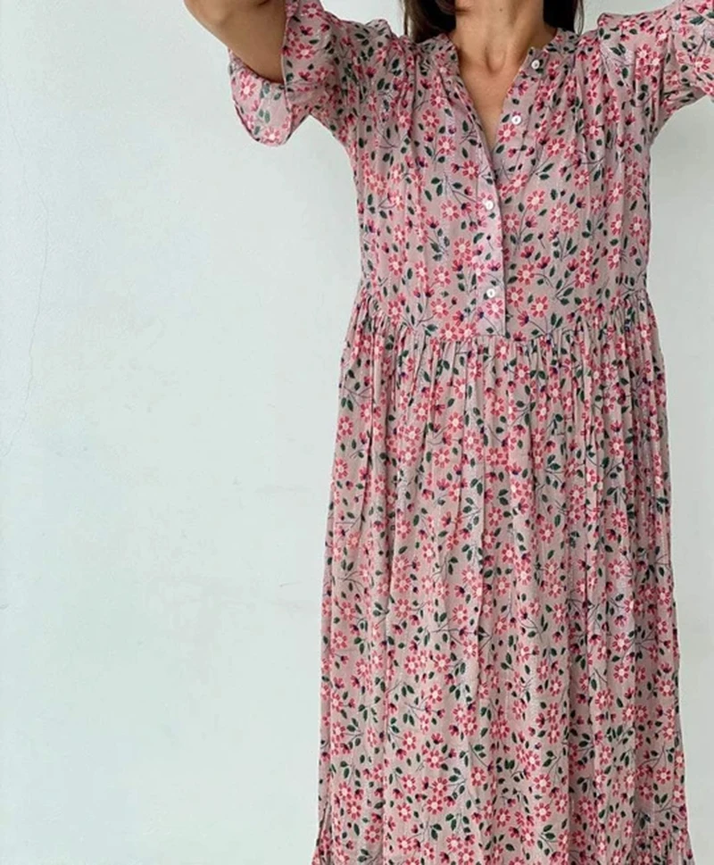 

Floral Print Dress Women Summer Bohemian Short Sleeve Woman Dress Maxi Pink A-Line Ruffles Dresses for Women 2021 robe femme