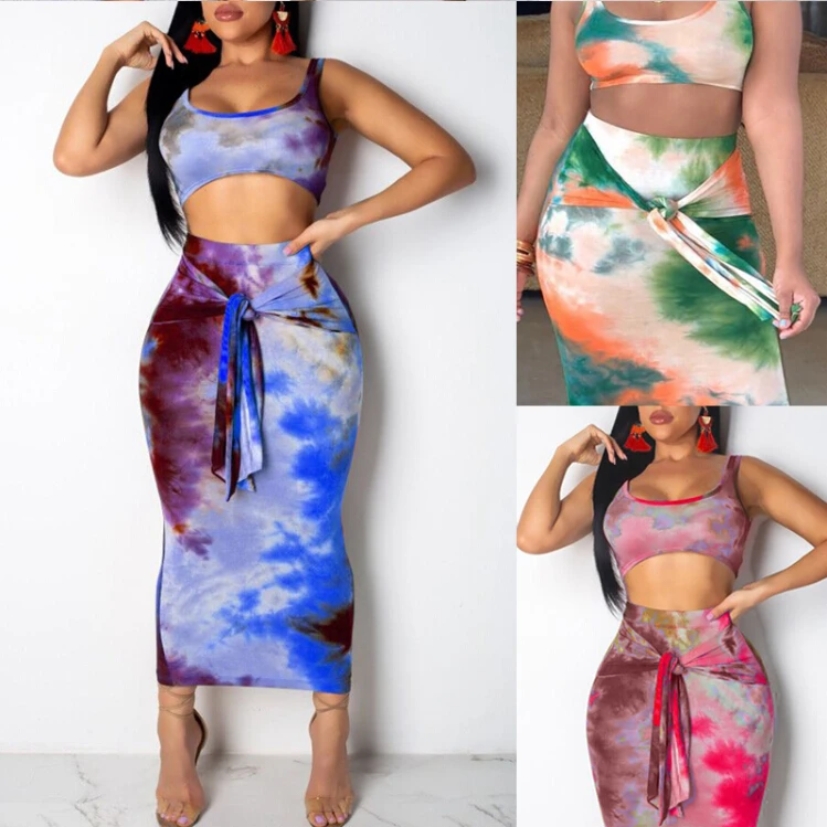 

Women Sexy Print Sleeveless Strappy Two Pieces Tank Vest Crop Tops Bodycon High Waist Lace-up Skirt Clubwear Party Holiday Dress