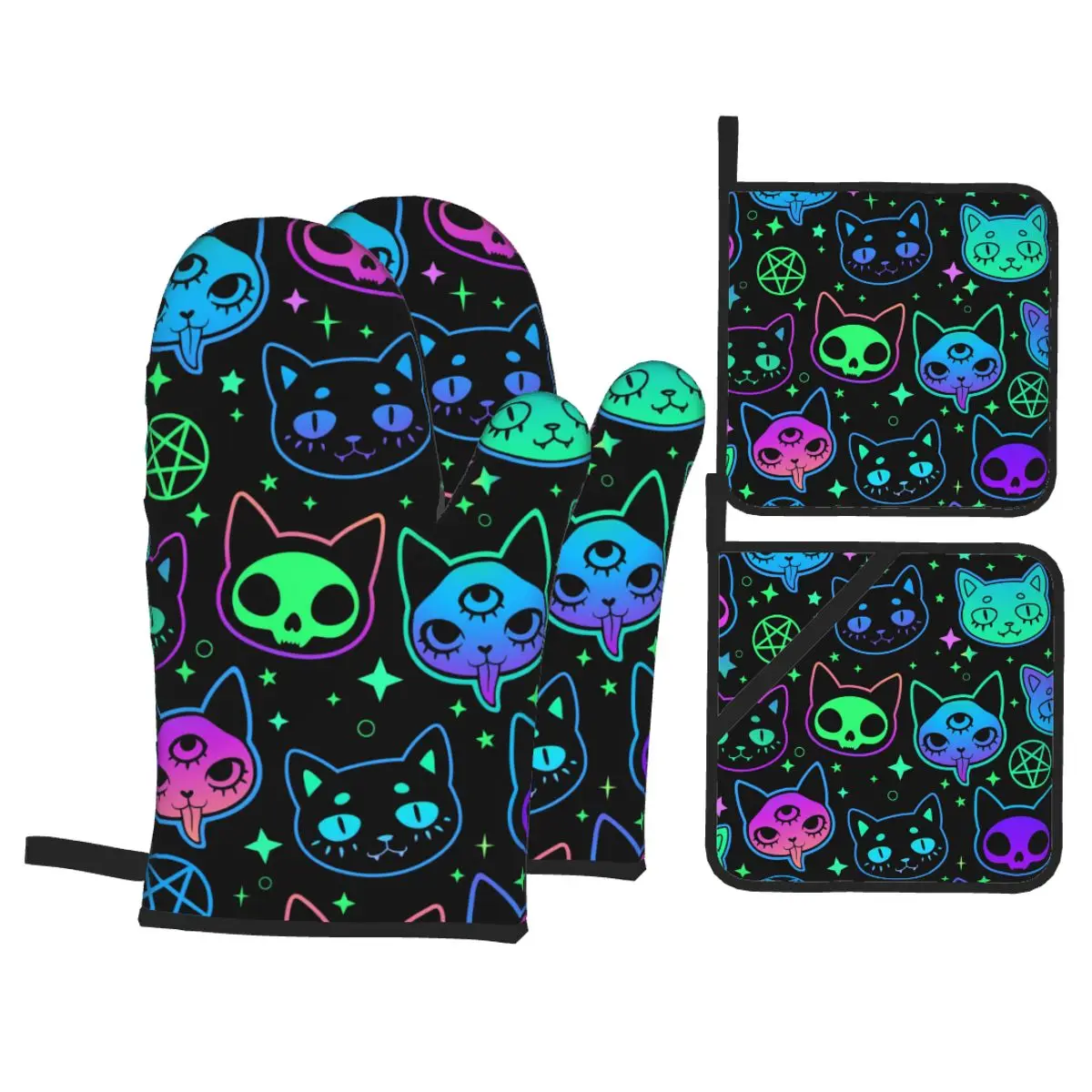 

4 Pieces Polyester Kitchen Cooking Microwave Gloves Cute Cartoon Witchcraft Cat Baking BBQ Potholders Oven Mitts