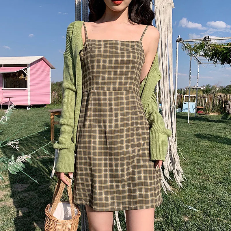 

Summer Fashion Sexy Elegant Sleeveless Plaid Dress Women Kawaii Casual Slim Streetwear Sweet Sexy Temperament Women Dress 2021