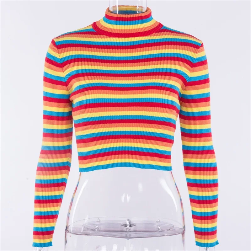 

y2k stripes sweater jumper knitwear 2021 fashion slim sexy women's rainbow turtlenecks sweaters and pullovers colorful pull