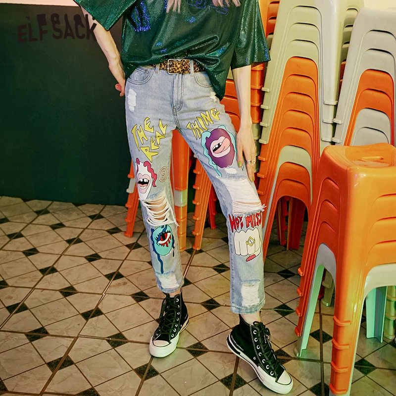 ELFSACK женские джинсы с мультяшным принтом уличная одежда повседневные дырками