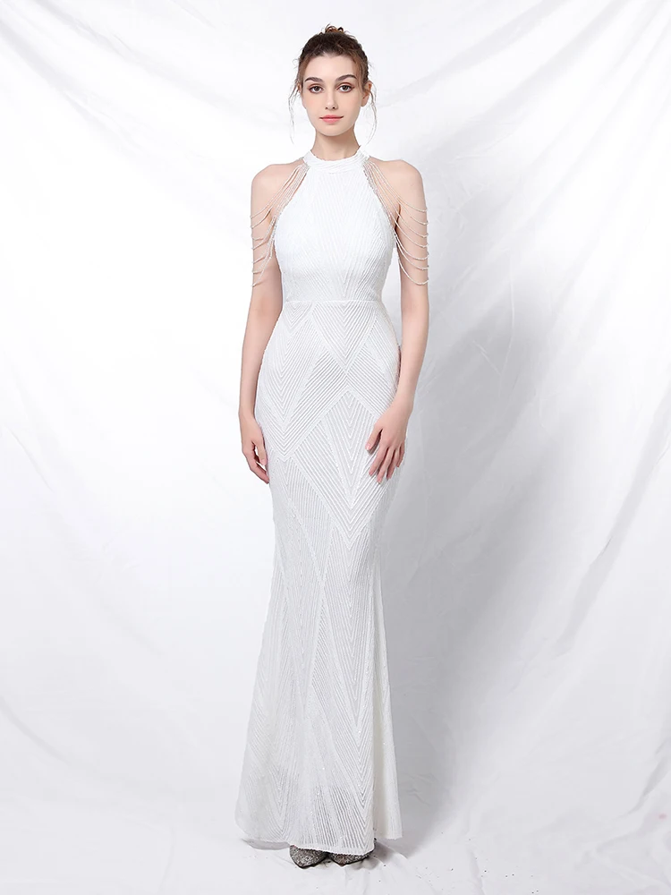 

2021 Fashion Elegant Halt Neck Diamond Sequin Embroider Mermaid Evening Dress Sleeveless Women Robe De Soriee Gold Vestidos