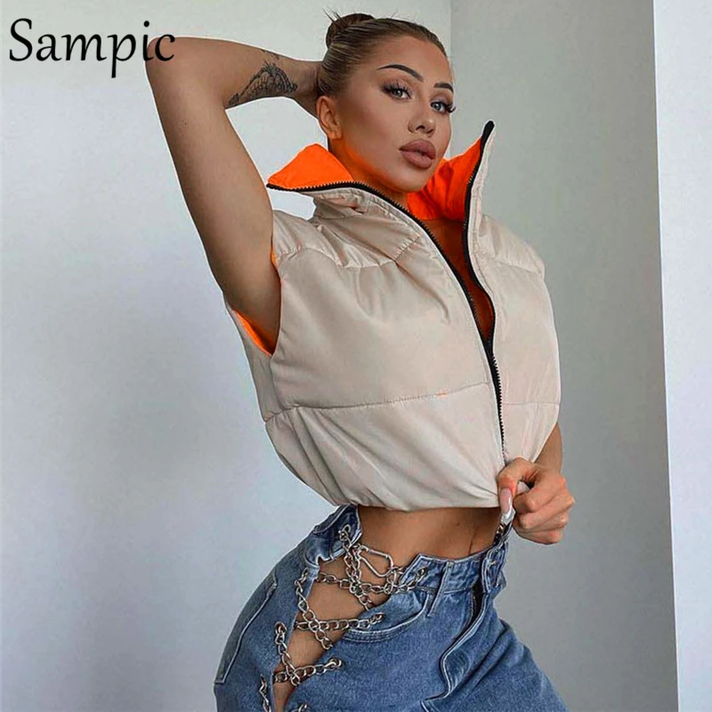 

Sampic Cropped Vest Coat Women Tops 2021 Winter Korean Fashion Outwear Warm Cotton Sleeveless Parkas Casual Female Jacket Coat