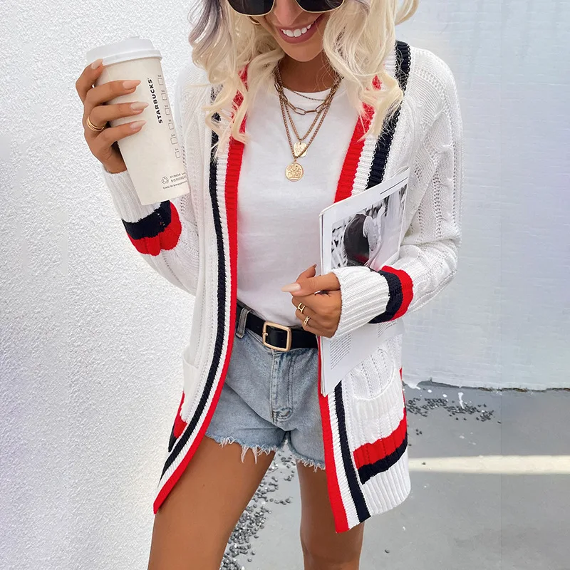 

Fashion Women Sweater New Autumn Casual Hot Sale V-neck Cardigan Striped Pocket Loose Knit Long-sleeved Sweater Women