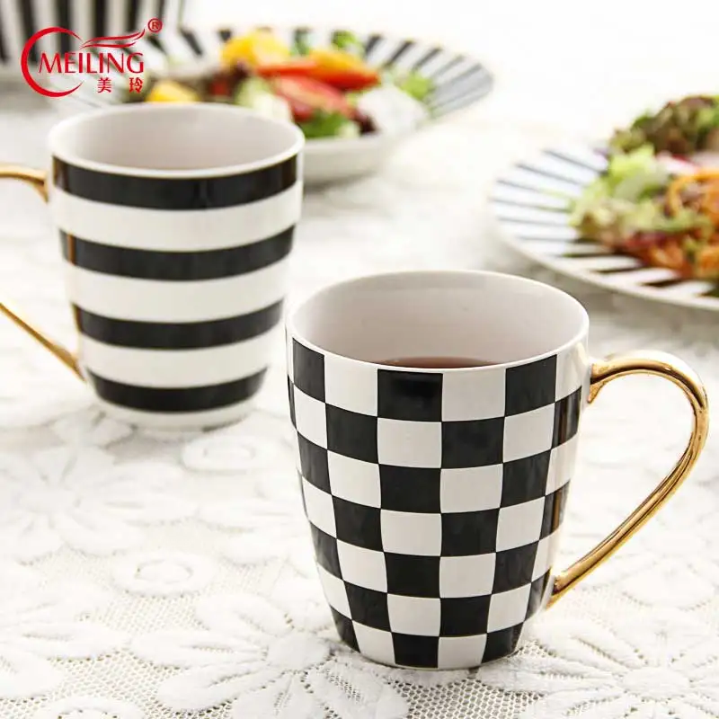 

Frends Gift Stripe Plaid Mug Coffee Mug Porcelain Tea Mugs Gold Handgrip Ceramic New Home Housewarming Wedding Black and White