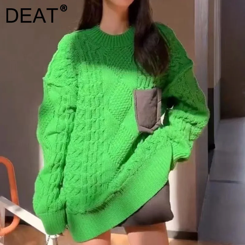 

Женский трикотажный пуловер с карманами, круглым вырезом и длинным рукавом