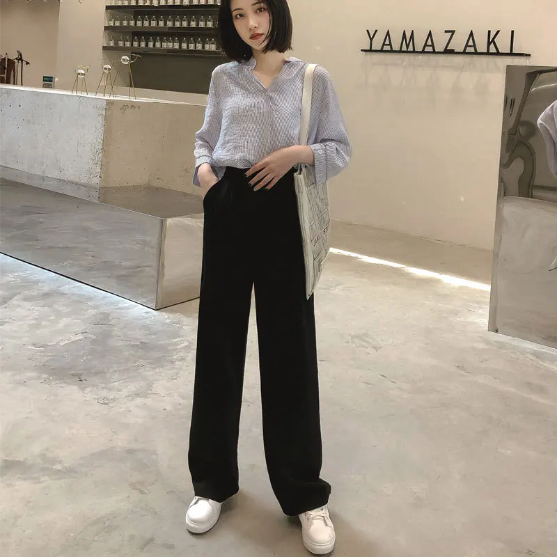 

Женские брюки с широкими штанинами, черные облегающие брюки с высокой талией, повседневные офисные штаны, Универсальные однотонные свободн...