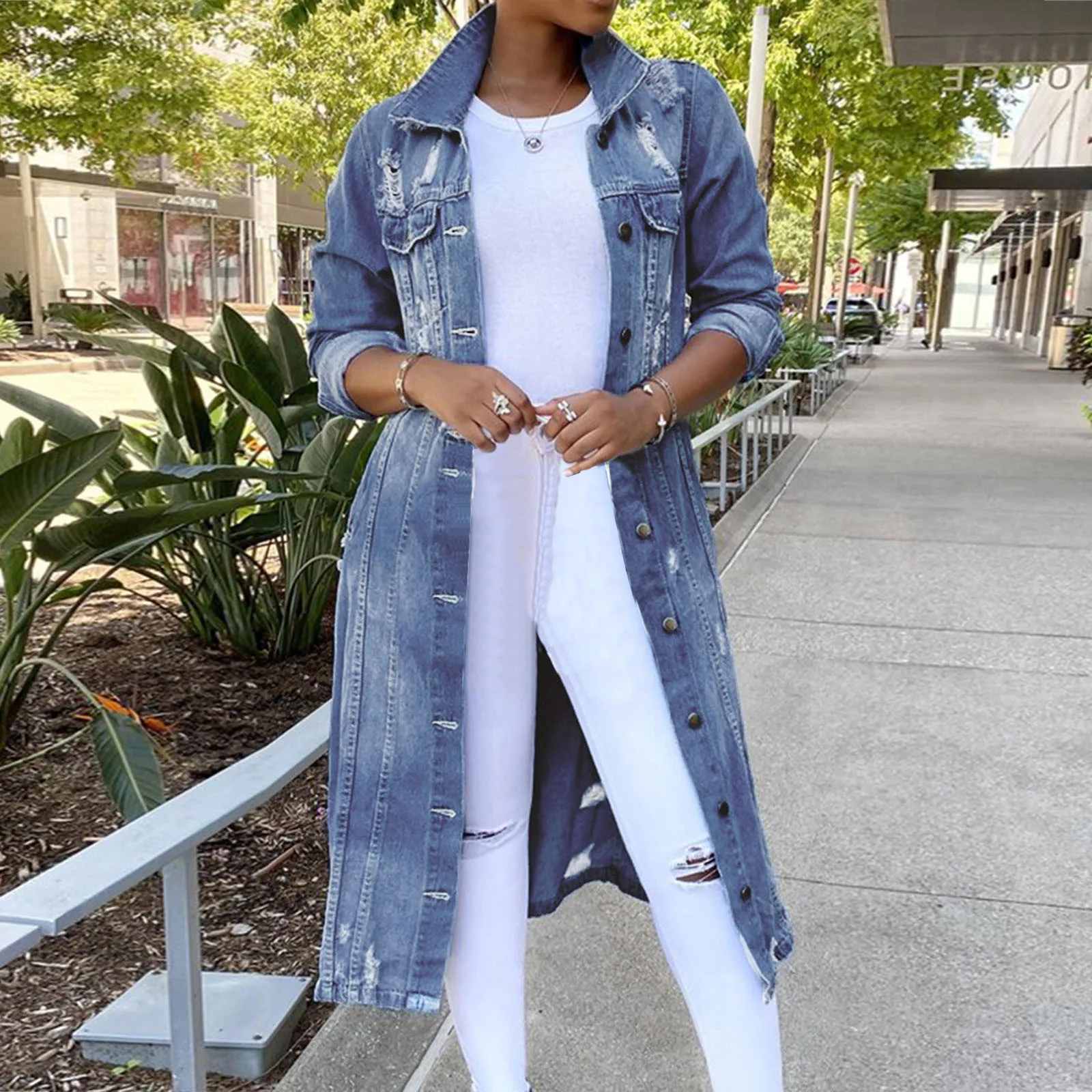 

Fashion Women's Long Denim Jacket 2021 New Autumn Winter Ripped New Outwear Hole Jeans Blue Casual Harajuku Coat Large Size
