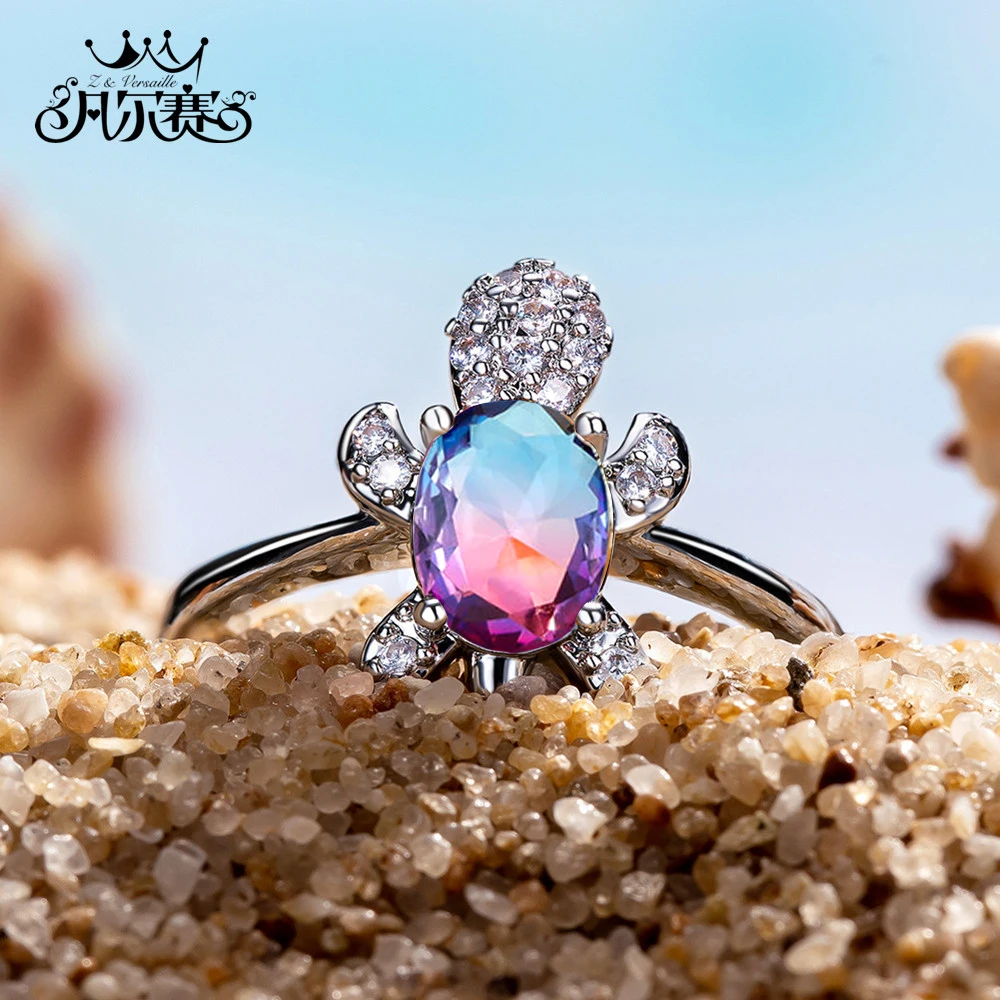 

Colorful Oval Zircon Rainbow Stone Turtle Rings For Women Vintage Fashion Jewelry Multicolor Crystal Silver Color Animal Ring