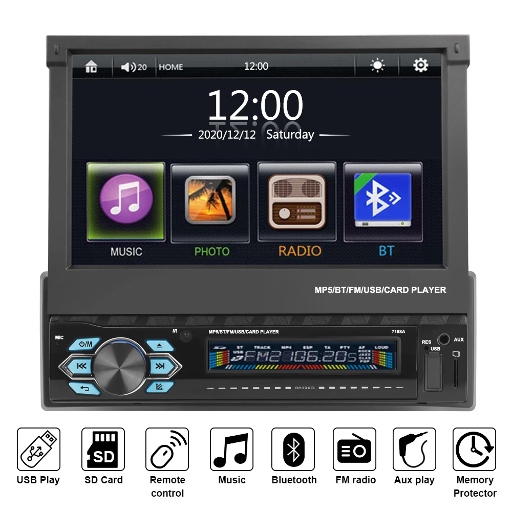 

Автомагнитола 1 Din, Bluetooth, GPS-навигация, 7-дюймовый сенсорный экран TFT, Mirror Link, Android/IOS, автомобильное стерео радио