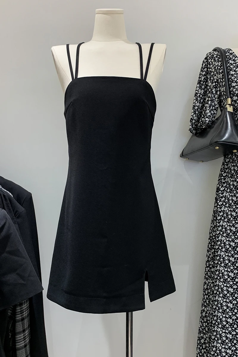 

2021 New Fashion Spring Summer Black Plaid Women Bottoming Dress Off The Shoulder Sleeveless Slim Strap Dress A-line Split