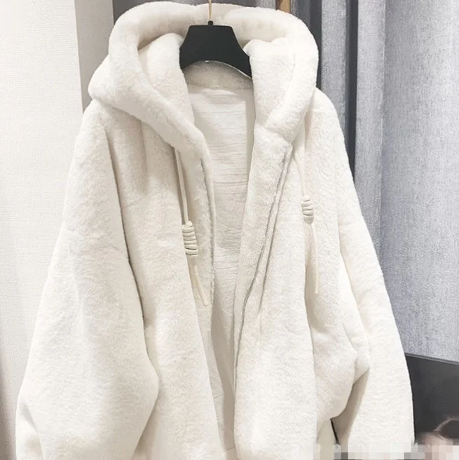 

2021 autumn winter Lamb Fur grass Plush coat imitation Rex Rabbit Fur hooded loose coat female