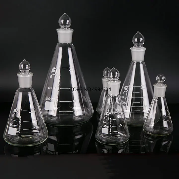 Стеклянная колба erlenmeyer от 50 мл до 1000 коническая с заземляющей пробкой для
