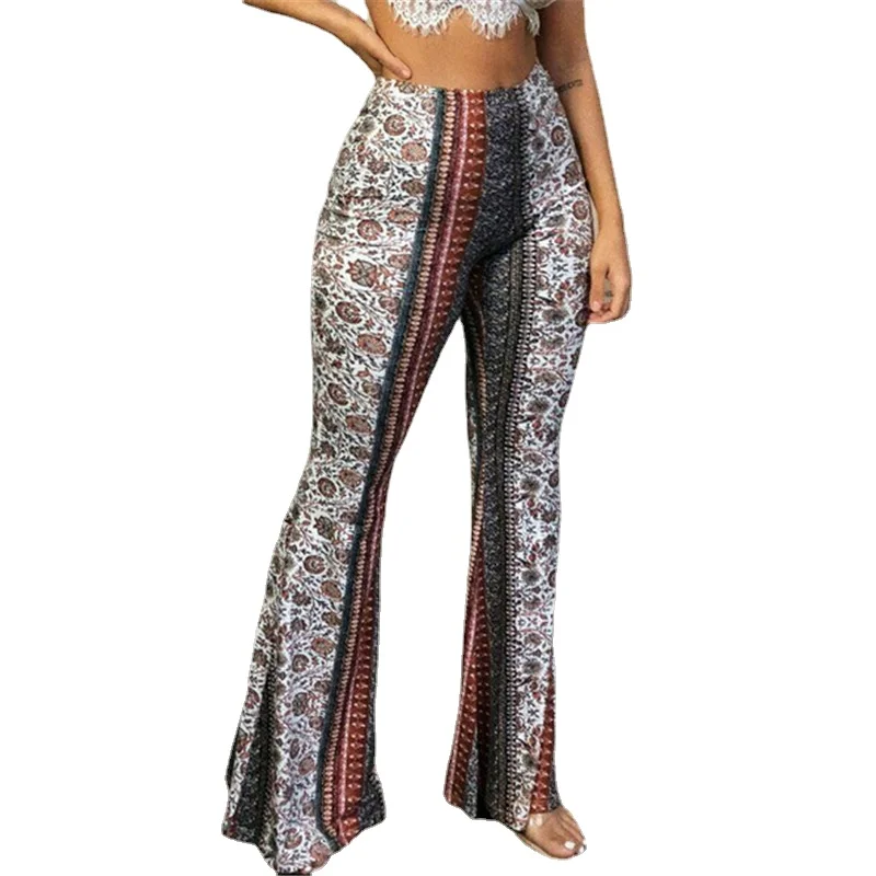 

New Women Pants Baggy Flared Pants Boho Style Floral Hippie Wide Leg Gypsy Palazzo Casual Trousers Ladies Bell-bottomed Trousers