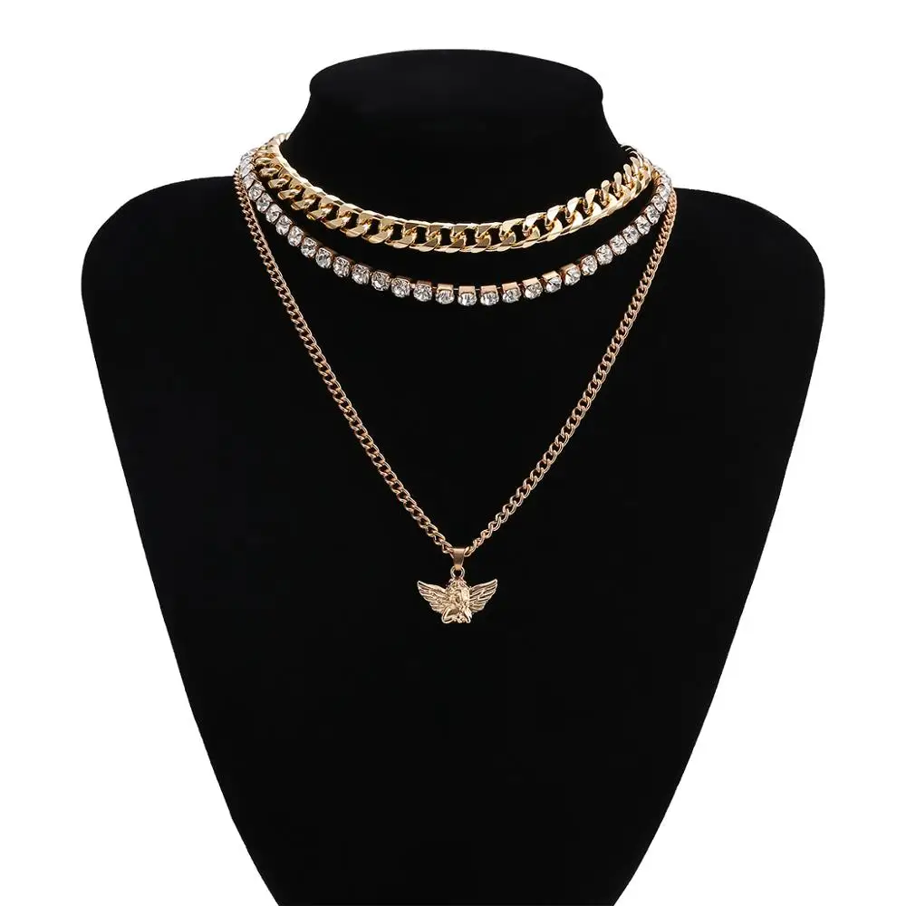 

IngeSight.Z 3Pcs/Set Multilayer Miami Curb Cuban Rhinestone Chain Choker Necklace Collar Angel Pendant Necklaces Women Jewelry