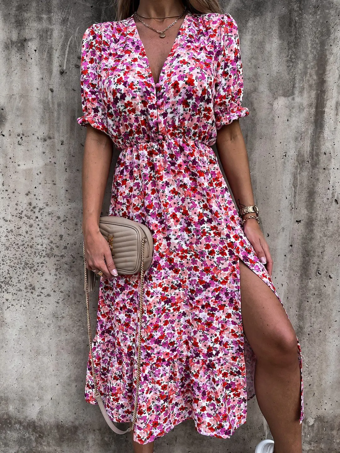 

YYCZF Summer Women Casual Midi Dresses Split Vintage Elegant Short Sleeve V Neck Dress Flower Print Button Decoration Vestidos