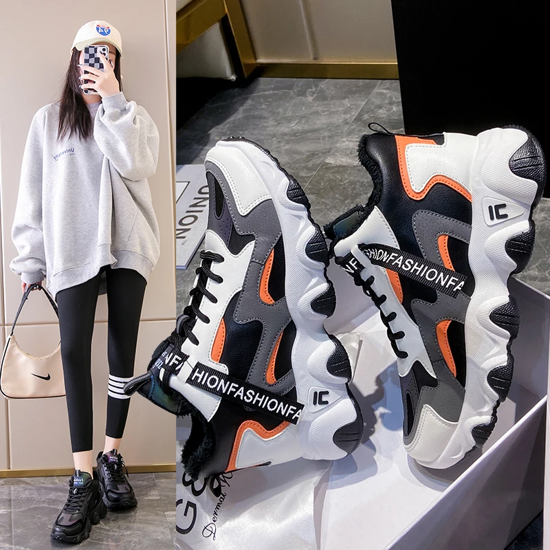 

Women's Sneakers High Quality High-top Thick-soled Non-slip Leather Lace-up Fashion Casual All-match Plus Velvet Cotton Shoes