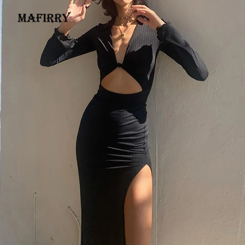 

Women Spring Autumn Hollow Out Solid Long Party Dress Slim Deep V-Neck Full Sleeve Ladies Spilt Dress Sexy Streetwear Vestidos