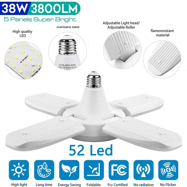 

38 Вт Led 3800LM гаражный светильник, деформируемый светодиодный гаражный светильник s с 4 регулируемыми панелями, освещение 360, энергосберегающи...