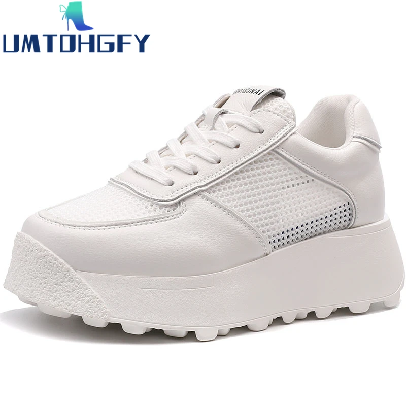 

Genuel Leather White Breathable Net Sneakers Women Thick BottomFlat Platform Sneakers Lace-Up Vulcanized Shoes Zapatos De Mujer
