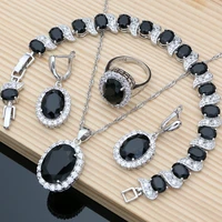 black sapphire 925 silver jewelry sets earrings rings accessories women wdding fine jewellry necklace set dropshipping