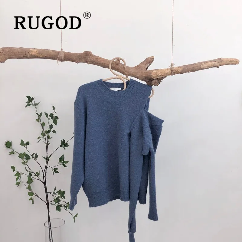 

RUGOD Fashion Cold Shoulder Lace-up Sweater Women Korean O Neck Long Sleeve Thick Winter Sweater Chic Knitted Pullover Pull Femm