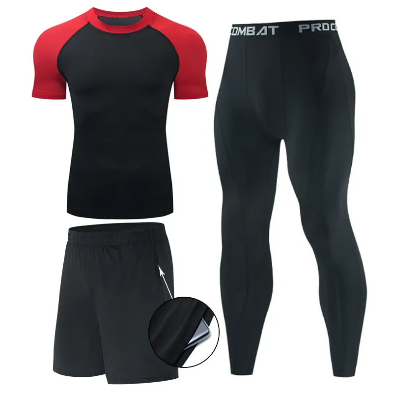 

3PC/set Tracksuit Men Sports Suit Gym Fitness Compression T shirt Running Jogging Sportwear Exercise Workout Rashguard Tights
