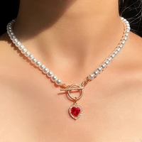 elegant red crystal heart white pearl beaded necklace for women choker toggle clasp circle necklace femme party wedding jewelry