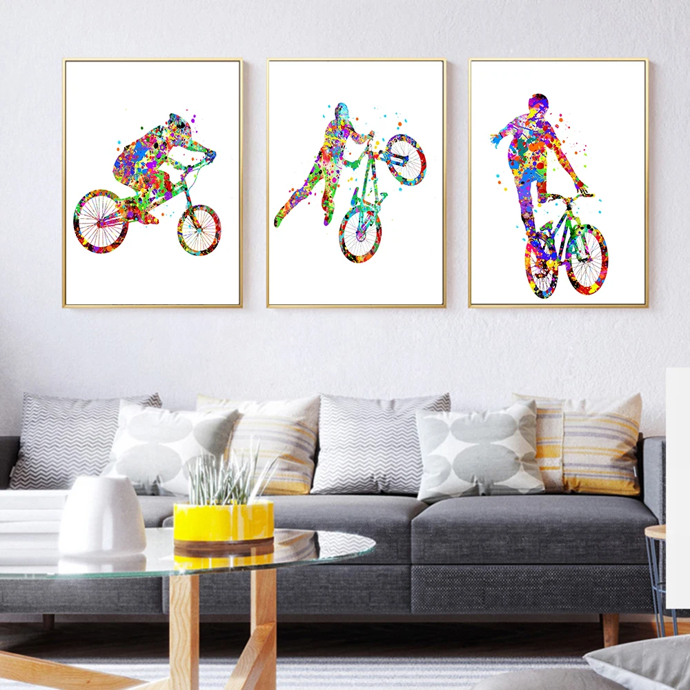 

Poster Prints Color Cycling Canvas Painting Mosaic Bike Abstract Figure Sports Wall Art Pictures Home Decor картины на стену