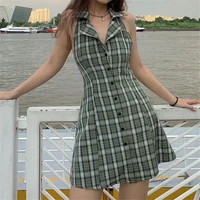 summer sleeveless dress for women 2021 army green plaid printed pattern turn down collar short skirt s m l