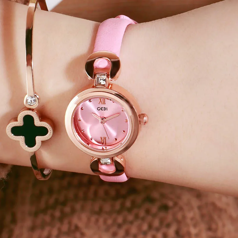 Relogio Feminino GEDI 8 мм ультратонкие женские кварцевые часы Лакшери модные часы Montre Femme женские элегантные часы браслет подарок - Цвет: Pink