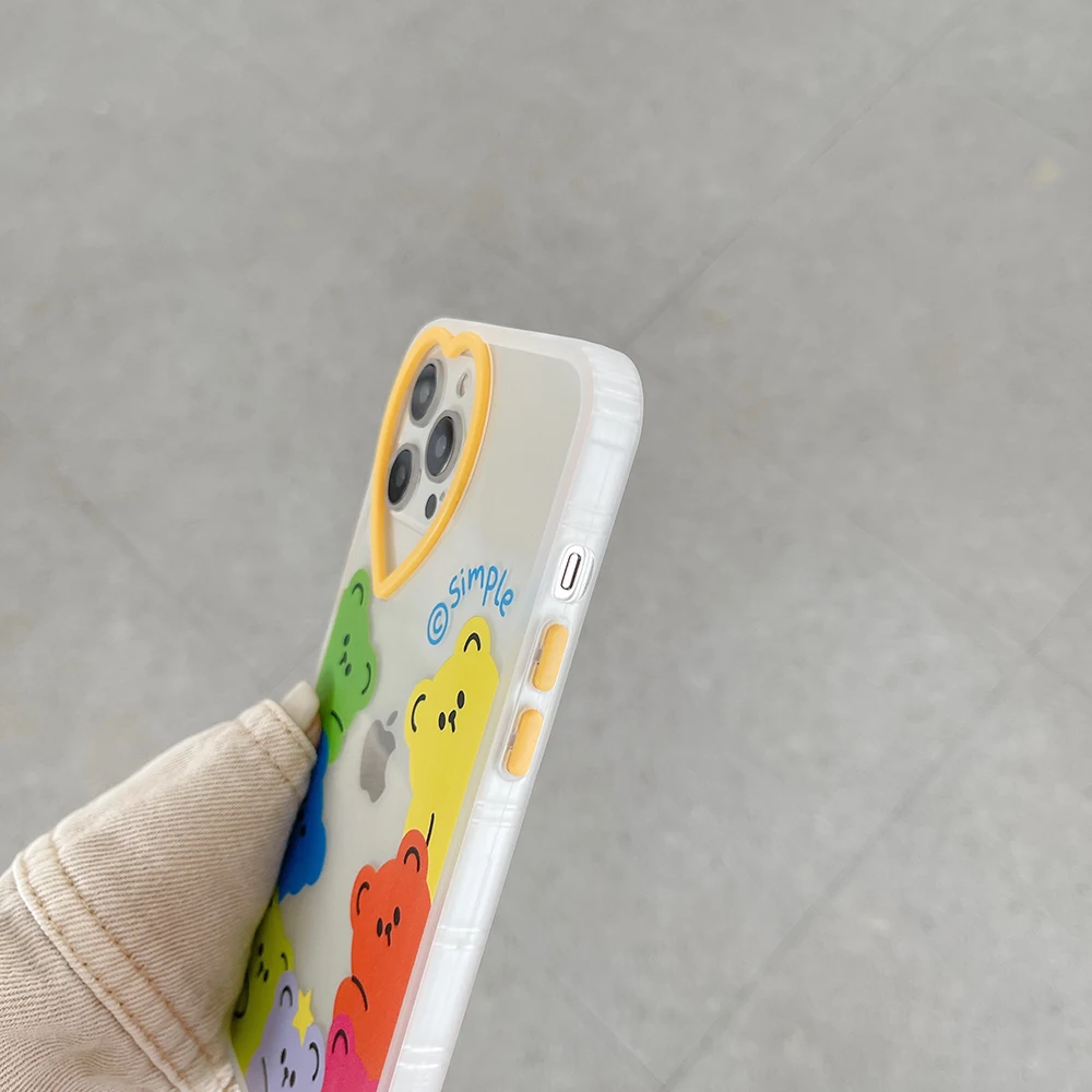 

KQCCY Original Love Heart Colorful Bears Silicone Phone Case for Iphone 11 12 Pro Max Mini XR XS X 7 8 Plus Case Back Cover