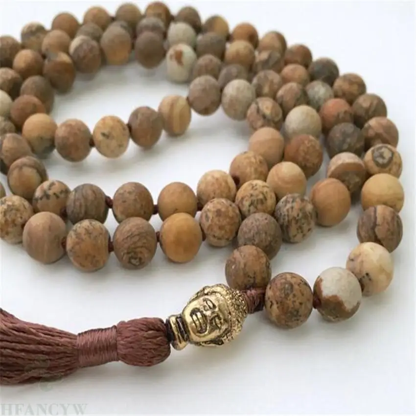 8MM Natural Picture stone 108 Beads Mala Tassel Necklace Pray Buddhism Yoga Handmade Healing Sutra Wrist Meditation Unisex Bless