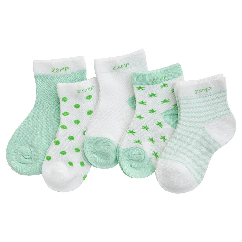 F04717-Green 5 пар/лот, летние сетчатые носки для новорожденных, милые носки с героями мультфильмов для девочек, тонкие мягкие хлопковые носки для мальчиков, детские носки для младенцев - Цвет: F04717-Green