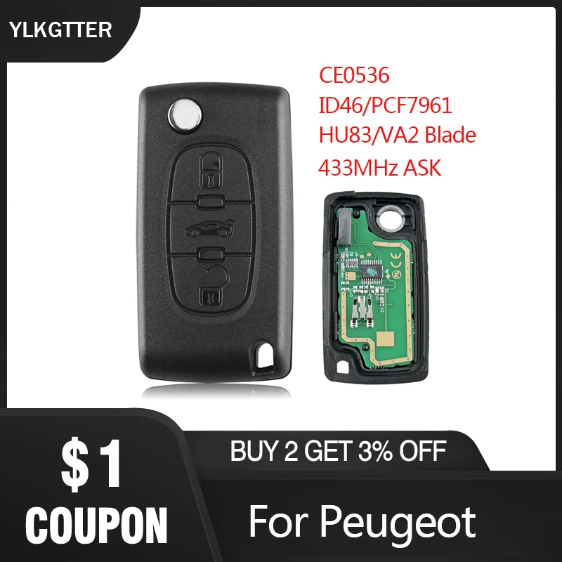 

YLKGTTER 3 кнопки дистанционного ключа костюм для peugeot Partner 207 208 307 308 408 CE0536 433 МГц ASK сигнала HU83/VA2 лезвие и ID46 чип