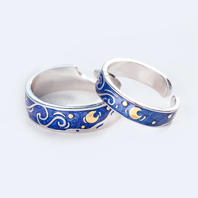 Color Van Gogh ring Starry Sky Couple Ring Blue Night Adjustable Lover Rings For Women Men Valentine's Gift Jewelry | Украшения и