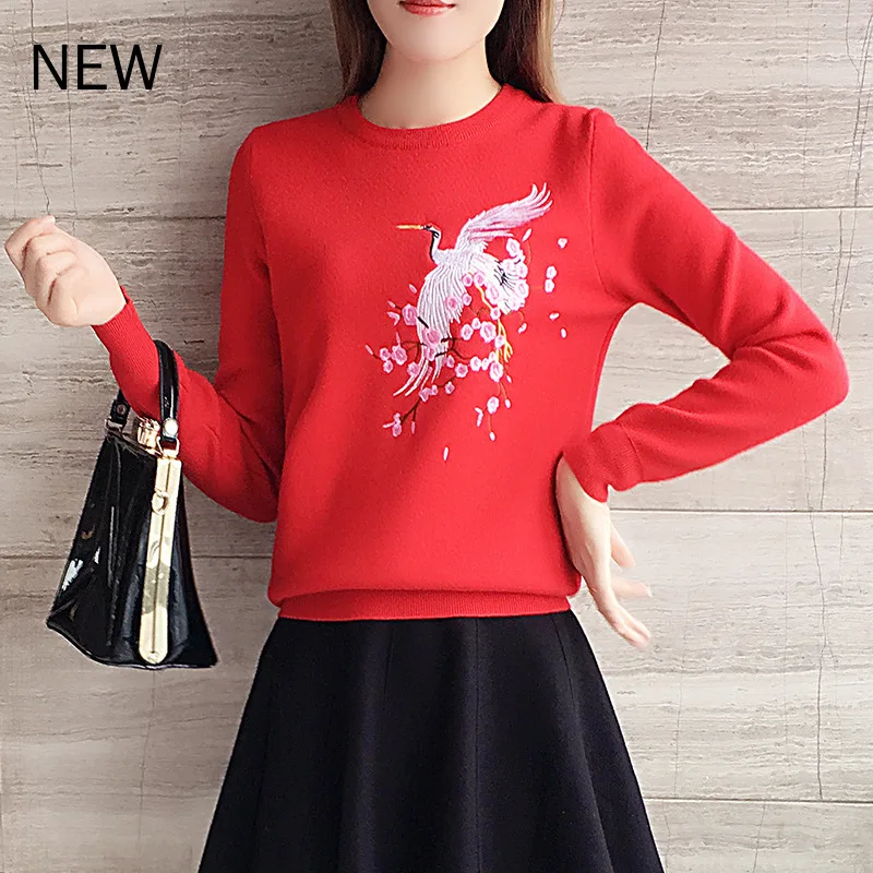 

Женские трикотажные пуловеры Весна-Осень пуловеры с вышивкой птицы с длинным рукавом и круглым вырезом женский свитер женские топы PL073