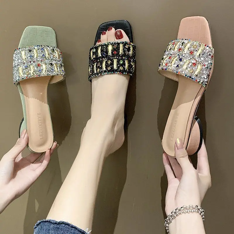 

2021summer New Fashion Outer Wear Thick Bottom All-match Bright Leather Rhinestone Net Red Word Sandals Ins Trendy Women Sandals