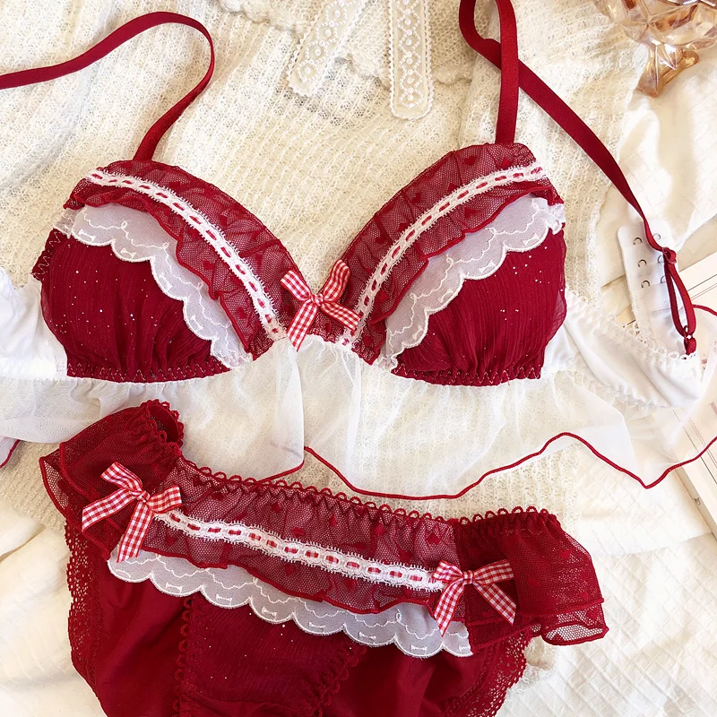 

Wriufred Cute lace sweet sexy bra panties set no steel ring triangle cup red women bow underwear suit rear double row buckle bra