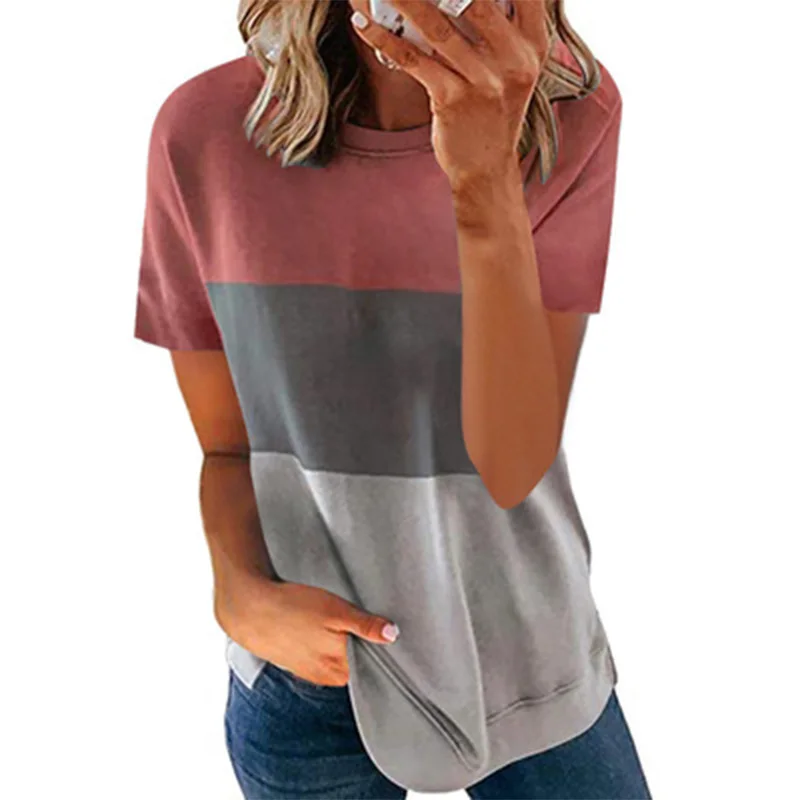 

2021 hot sale short sleeve contrast color stitching loose casual printing pullover round neck women's T-shirt