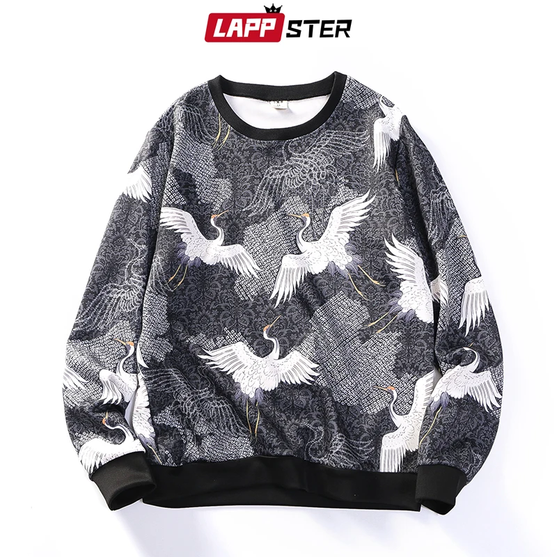 LAPPSTER Men Patchwork Crane Oversized Hoodies Mens Japanese Streetwear Hip Hop Sweatshirts Male Harajuku Kpop Hoodie 5XL