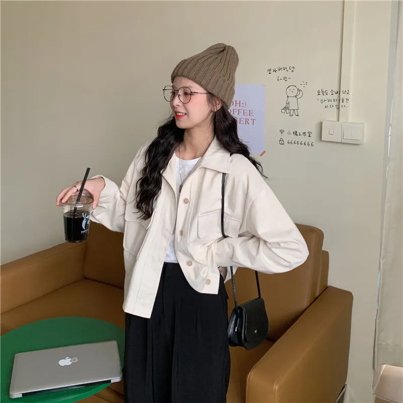 

Jackets Womens Loose Turn-down Collar Korean Vintage New Autumn Casual Pockets Single-breasted Cargo Style Femme High Street